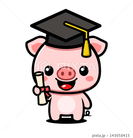Cute Pig Graduation Cartoon Character, Kawaii Animal Student Mascot with Diploma Cute Pig Graduation Cartoon Character, Kawaii Animal Student Mascot with Diploma 143058415