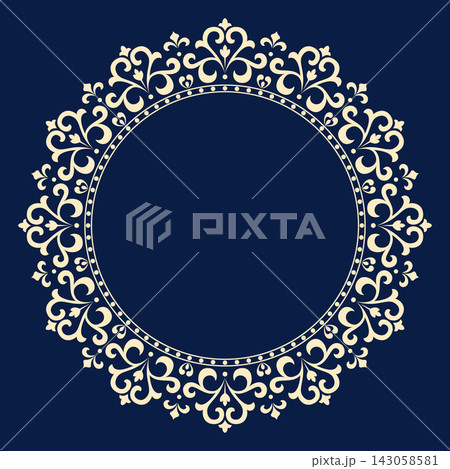 Decorative frame Elegant vector element for design in Eastern style, place for text. Floral golden and blue frame. Lace illustration for invitations and greeting cards Decorative frame Elegant vector element for design in Eastern style, place for text. Floral golden and blue frame. Lace illustration for invitations and greeting cards 143058581