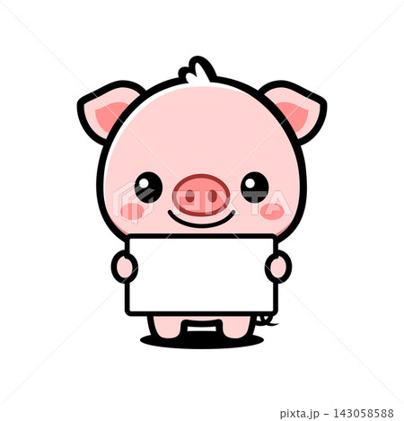 Cute Pig Holding Blank Sign Cartoon Character, Kawaii Animal Mascot Board Illustration 143058588