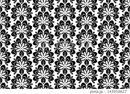 Flower geometric pattern. Seamless vector background. White and black ornament. Ornament for fabric, wallpaper, packaging. Decorative print. 143058627