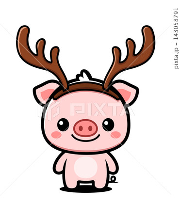 Cute Pig with Reindeer Antlers Cartoon Character, Kawaii Christmas Animal Mascot Cute Pig with Reindeer Antlers Cartoon Character, Kawaii Christmas Animal Mascot 143058791