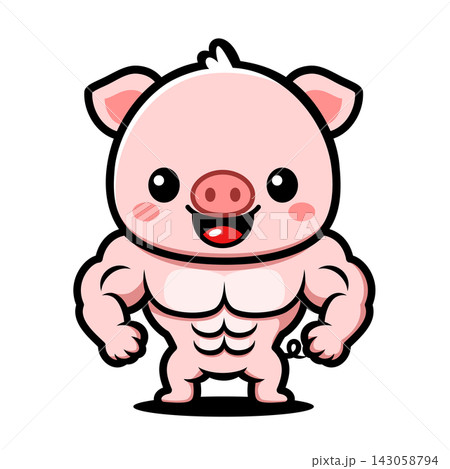 Muscular Pig Cartoon Character, Cute Strong Farm Animal Fitness Mascot 143058794