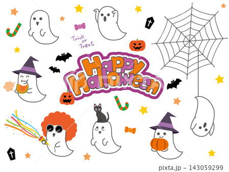 かわいいゴーストと仲間たちのハロウィンイラストセット かわいいゴーストと仲間たちのハロウィンイラストセット 143059299
