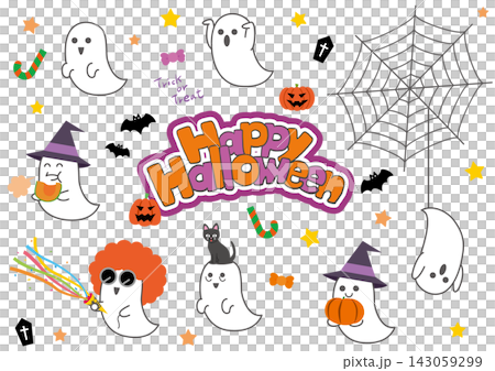 A set of cute Halloween illustrations featuring ghosts and their friends. A set of cute Halloween illustrations featuring ghosts and their friends. 143059299
