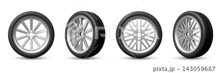 Realistic 3d tire with rubber tread and metal rim Realistic 3d tire with rubber tread and metal rim 143059687