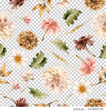 Autumn flowers Seamless Pattern. Fall plants Dahlia Chrysanthemum Daisy. Watercolor hand drawn floral illustration isolated on white background wedding home textile cosmetic package porcelain crockery Autumn flowers Seamless Pattern. Fall plants Dahlia Chrysanthemum Daisy. Watercolor hand drawn floral illustration isolated on white background wedding home textile cosmetic package porcelain crockery 143060156