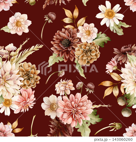 Autumn flower Seamless Pattern Dahlia Chrysanthemum Astra. Watercolor hand drawn floral illustration isolated on dark red background fall design wedding home textile fabric cosmetic package crockery 143060260