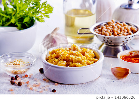 Chickpea pasta and chickpeas in bowl Chickpea pasta and chickpeas in bowl 143060326