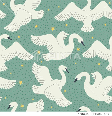 Seamless vector pattern with flying white swans and yellow stars on green background  143060485