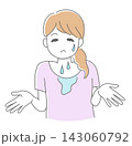 首下から流れる汗と胸元の汗染みに悩む女性のイラスト（更年期障害・ホットフラッシュ） 143060792