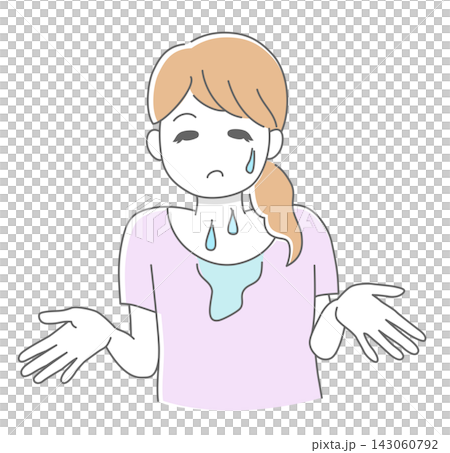An illustration of a woman troubled by sweat dripping from her neck and sweat stains on her chest (menopausal symptoms/hot flashes). An illustration of a woman troubled by sweat dripping from her neck and sweat stains on her chest (menopausal symptoms/hot flashes). 143060792