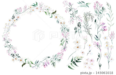 Watercolor floral wreath with pink jasmine flowers, wedding invitations and perfume packaging Watercolor floral wreath with pink jasmine flowers, wedding invitations and perfume packaging 143061018