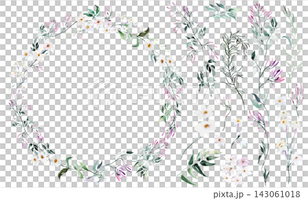 Watercolor floral wreath with pink jasmine flowers, wedding invitations and perfume packaging Watercolor floral wreath with pink jasmine flowers, wedding invitations and perfume packaging 143061018