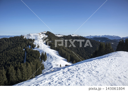 Snowy landscape at Hornle Mountain, alpine foothills in Bavaria, Germany 143061804