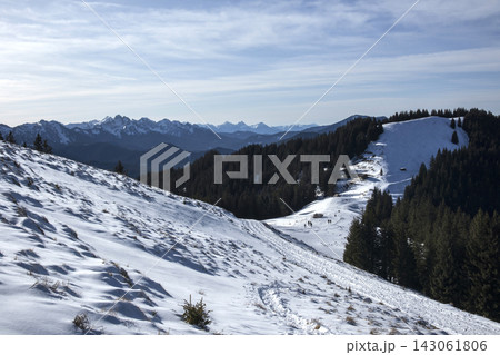 Snowy landscape at Hornle Mountain, alpine foothills in Bavaria, Germany 143061806