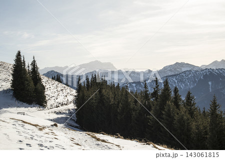 Snowy landscape at Hornle Mountain, alpine foothills in Bavaria, Germany Snowy landscape at Hornle Mountain, alpine foothills in Bavaria, Germany 143061815