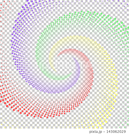 halftone dot spiral vortex on black background. Swirl pattern dots vector illustration. halftone dot spiral vortex on black background. Swirl pattern dots vector illustration. 143062029