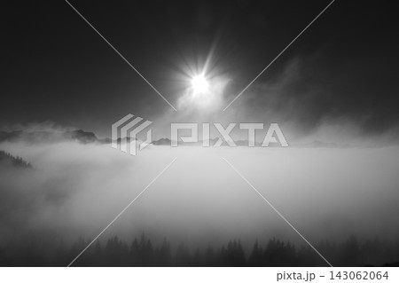 Snowy landscape at Hornle Mountain, alpine foothills in Bavaria, Germany 143062064