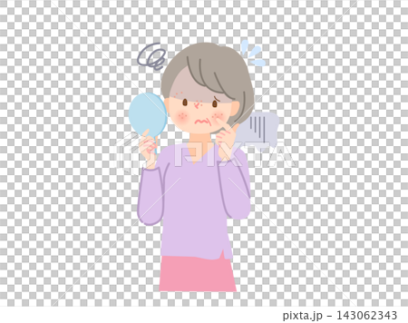 Illustration of a middle-aged woman suffering from skin problems. Illustration of a middle-aged woman suffering from skin problems. 143062343
