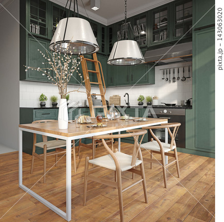 3D render of a modern kitchen interior with green cabinets, a wooden dining table, large pendant lights, and a ladder. 143063020