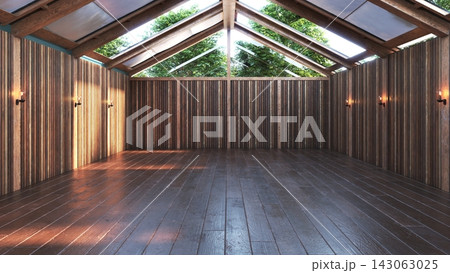 3D render of an empty room with wooden slatted walls, dark wood floor, and a pitched glass roof showing trees outside. 3D render of an empty room with wooden slatted walls, dark wood floor, and a pitched glass roof showing trees outside. 143063025