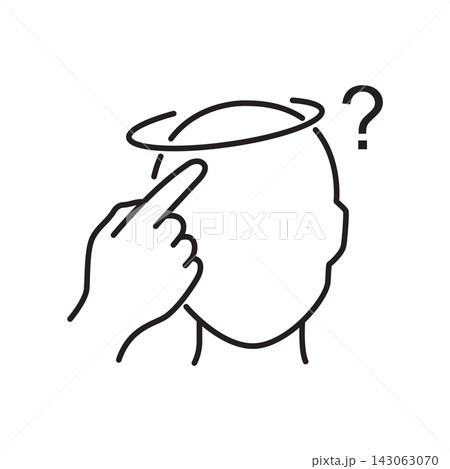 Minimalist black outline icon of a finger pointing at the head with a circular motion representing memory or recall. Minimalist black outline icon of a finger pointing at the head with a circular motion representing memory or recall. 143063070