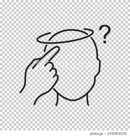 Minimalist black outline icon of a finger pointing at the head with a circular motion representing memory or recall. Minimalist black outline icon of a finger pointing at the head with a circular motion representing memory or recall. 143063070