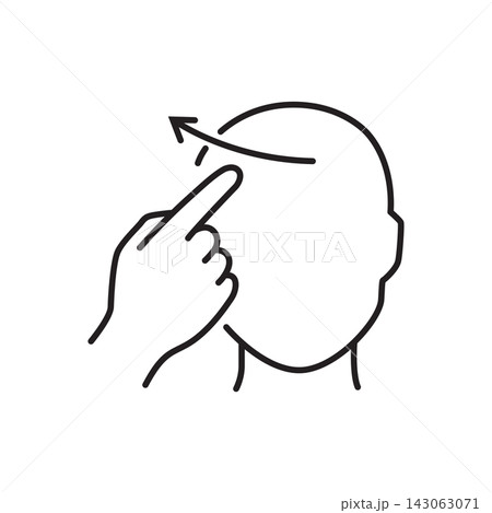 Minimalist black outline icon of a finger wiping across the head with an arrow representing forgetting or erasing memory. Minimalist black outline icon of a finger wiping across the head with an arrow representing forgetting or erasing memory. 143063071