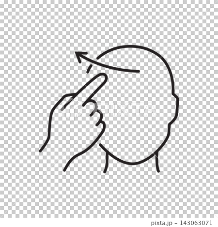Minimalist black outline icon of a finger wiping across the head with an arrow representing forgetting or erasing memory. Minimalist black outline icon of a finger wiping across the head with an arrow representing forgetting or erasing memory. 143063071