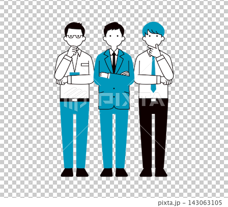 A set of simple full-body vector illustrations of multiple young businessmen in thinking, troubled, and worried poses. A set of simple full-body vector illustrations of multiple young businessmen in thinking, troubled, and worried poses. 143063105