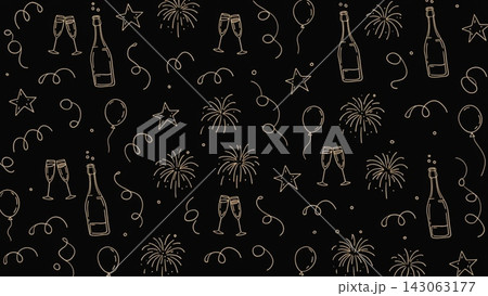 A seamless festive pattern illustration in gold line-art doodle style on a solid black vector background  143063177