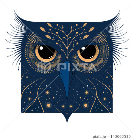 The image is an ornate digital illustration of an owl's face featuring a dark blue background and gold celestial detailing 143063530