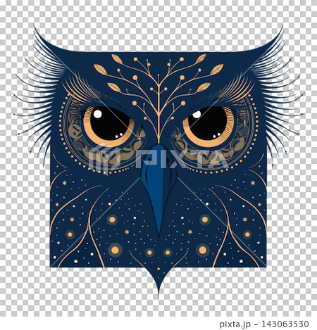 The image is an ornate digital illustration of an owl's face featuring a dark blue background and gold celestial detailing 143063530