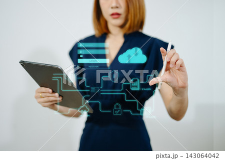 Network security. business using digital tablet and computer with digital padlock for data protection, internet technology networking and cyber security technology 143064042