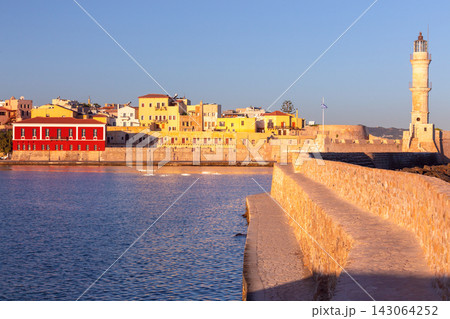 Chania Lighthouse at Sunrise in Old Venetian Harbor, Crete, Greece 143064252