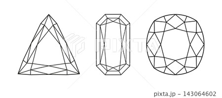 Diamond Radiant, Trillion, Cushion old money cut shapes. Set of Brilliant Radiant, Trillion, Cushion old money cut icons. Gemstone outline patterns for jewellery design, branding, packaging, logo. 143064602