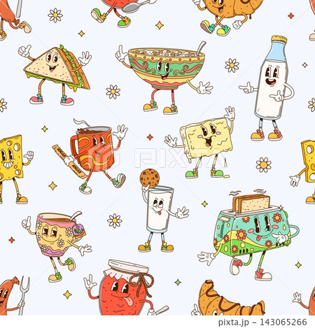 Cartoon groovy breakfast characters seamless pattern with psychedelic food and drinks. Y2K background with pattern of groovy breakfast oatmeal and milk glass with funny cookie and funky coffee cup 143065266