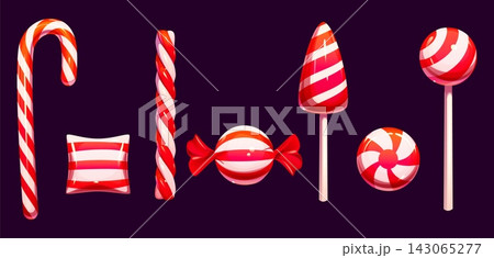 Christmas lollipops and candy cane caramels with red swirls and stripes for holiday cartoon icons. Christmas lollipop candies in spiral or twist shape, caramel lollypop on sticks for Christmas sweets 143065277