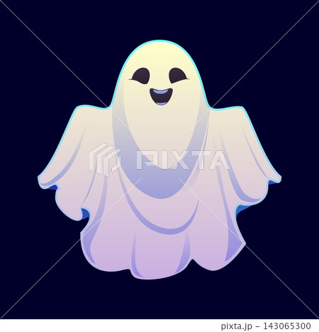 Cartoon Halloween cheerful ghost character with waving arms and a floating, flowing form. Vector adorable spooky white sheet phantom with a mischievous friendly smile, playfully frightens with a boo 143065300