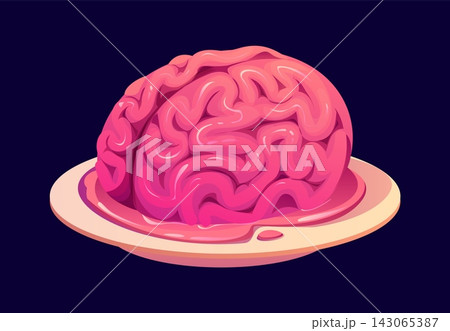 Cartoon Halloween human brain on plate. Human anatomy organ vector jelly candy food for game. Pink zombie dinner, meal, lunch for creepy horror party Cartoon Halloween human brain on plate. Human anatomy organ vector jelly candy food for game. Pink zombie dinner, meal, lunch for creepy horror party 143065387