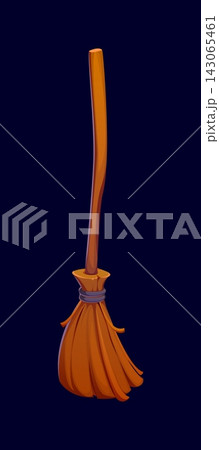 Cartoon Halloween witch broom with rustic wooden shaft and straw ends bound with rope. Vector Halloween magic witch broomstick tool with supernatural powers, enables witches to soar through the sky Cartoon Halloween witch broom with rustic wooden shaft and straw ends bound with rope. Vector Halloween magic witch broomstick tool with supernatural powers, enables witches to soar through the sky 143065461