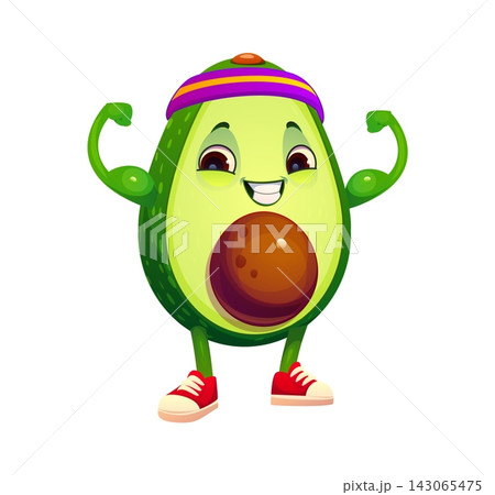Cartoon strong avocado athlete character in red sneakers and purple yellow headband. Funny green avocado with brown pit for sports nutrition product packaging or vegan fitness promotional materials Cartoon strong avocado athlete character in red sneakers and purple yellow headband. Funny green avocado with brown pit for sports nutrition product packaging or vegan fitness promotional materials 143065475