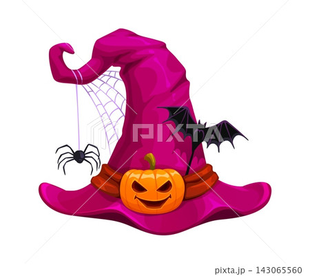 Cartoon Halloween witch and wizard hat with wide brim, bent pointed top and brown leather belt which decorated with jack lantern pumpkin buckle, spider and cobwebs. Vector pink magic costume headwear 143065560