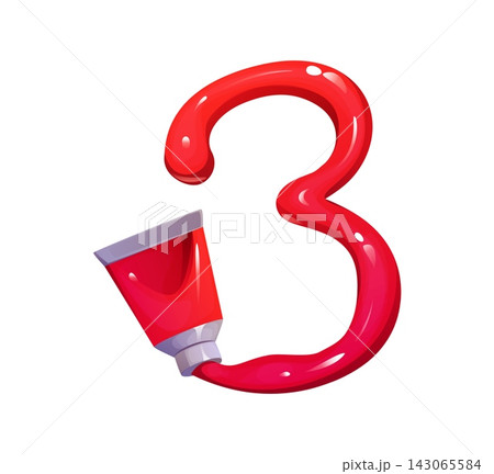 Cartoon education number 3 shaped as bright glossy red paint squeezed from tube. Vibrant school supply typeface element for art school emblems, painting workshop flyers and craft channel branding Cartoon education number 3 shaped as bright glossy red paint squeezed from tube. Vibrant school supply typeface element for art school emblems, painting workshop flyers and craft channel branding 143065584