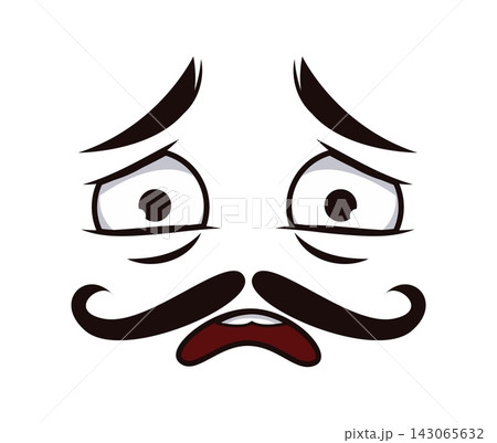 Cartoon face with scary and distress emotion. Comic emoji character with wide frightened eyes, thick curled mustache and small downturned mouth for stickers and social media reaction emoji packs Cartoon face with scary and distress emotion. Comic emoji character with wide frightened eyes, thick curled mustache and small downturned mouth for stickers and social media reaction emoji packs 143065632