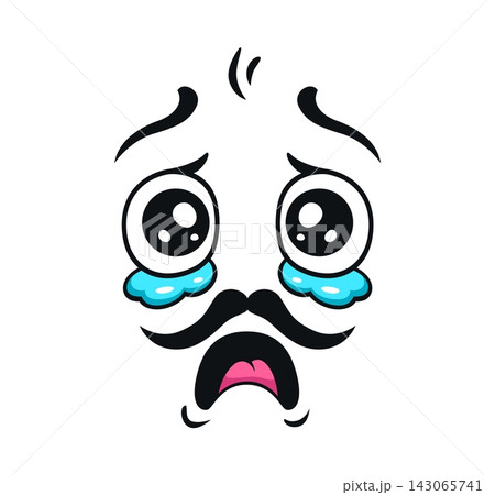 Crying emoji or whining face with tearful eyes and mustaches for cartoon expression emoji icon. Sad or upset face with teardrops of hurt or poor look for cartoon smile emoji or offended emoticon face Crying emoji or whining face with tearful eyes and mustaches for cartoon expression emoji icon. Sad or upset face with teardrops of hurt or poor look for cartoon smile emoji or offended emoticon face 143065741
