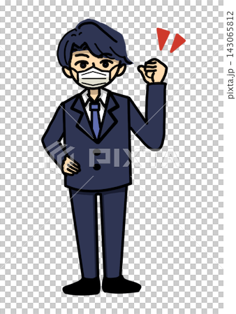 一位商人充滿熱情，並採取了感染控制措施，擺出了勝利的姿勢。 143065812