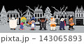 Cute children in halloween costumes on town street. Kids dressed as ghost, vampire, witch, mummy, zombie, and skeleton with pumpkin candy baskets for holiday party banner. 143065893