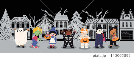 Cute children in halloween costumes on town street. Kids dressed as ghost, vampire, witch, mummy, zombie, and skeleton with pumpkin candy baskets for holiday party banner. Cute children in halloween costumes on town street. Kids dressed as ghost, vampire, witch, mummy, zombie, and skeleton with pumpkin candy baskets for holiday party banner. 143065893