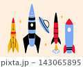 Retro rocket and ufo. Childish space shuttle collection with stars, cosmos spaceships, and flying saucer icons for kids design, sticker, and print. 143065895